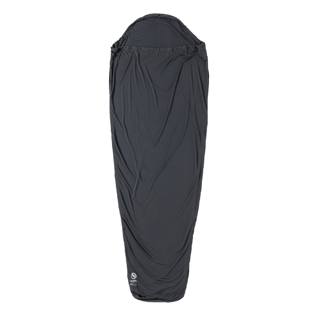 The Big Agnes UL Recovery Sleeping Bag Liner, shown in black against a white background, is ultralight and shaped to fit a mummy sleeping bag with a narrower bottom and hooded top for comfort.