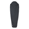 The Big Agnes UL Recovery Sleeping Bag Liner, shown in black against a white background, is ultralight and shaped to fit a mummy sleeping bag with a narrower bottom and hooded top for comfort.
