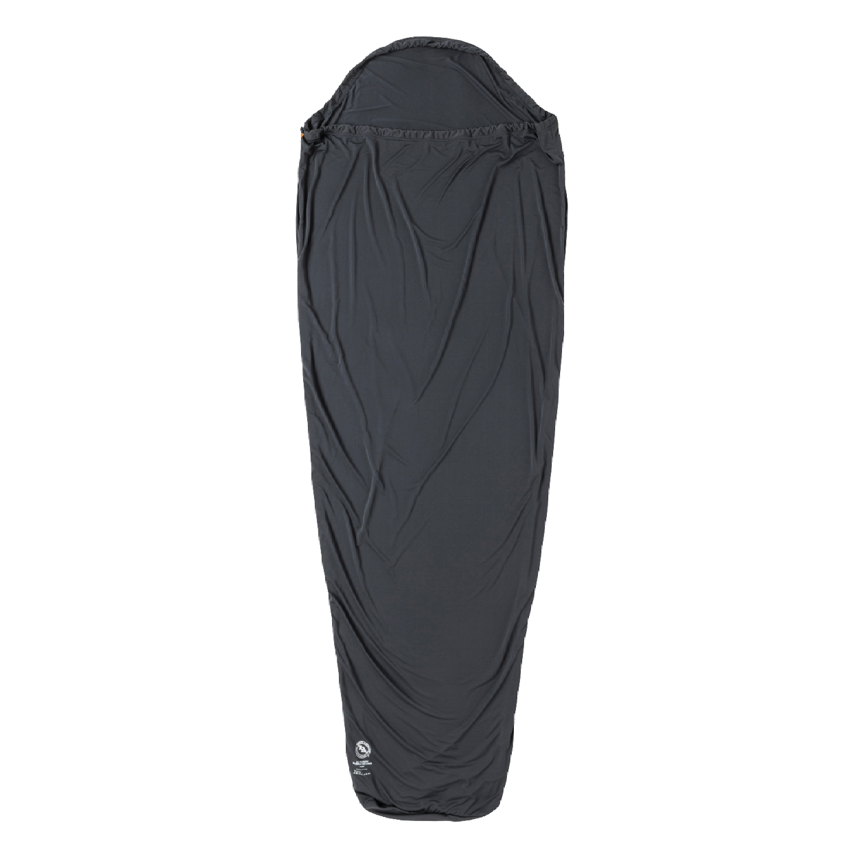 The Big Agnes UL Recovery Sleeping Bag Liner, shown in black against a white background, is ultralight and shaped to fit a mummy sleeping bag with a narrower bottom and hooded top for comfort.