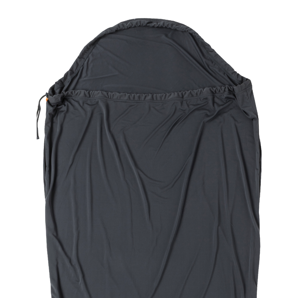 The Big Agnes UL Recovery Sleeping Bag Liner is an ultralight, dark gray liner with a hood, drawstring, and smooth fabric, designed for recovery and shown flat on a white background.