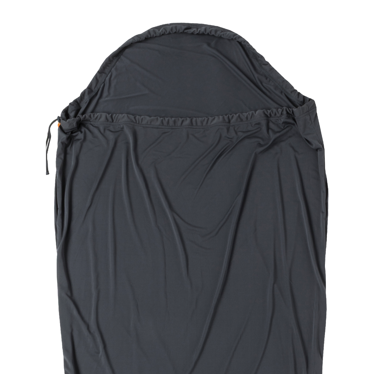 The Big Agnes UL Recovery Sleeping Bag Liner is an ultralight, dark gray liner with a hood, drawstring, and smooth fabric, designed for recovery and shown flat on a white background.