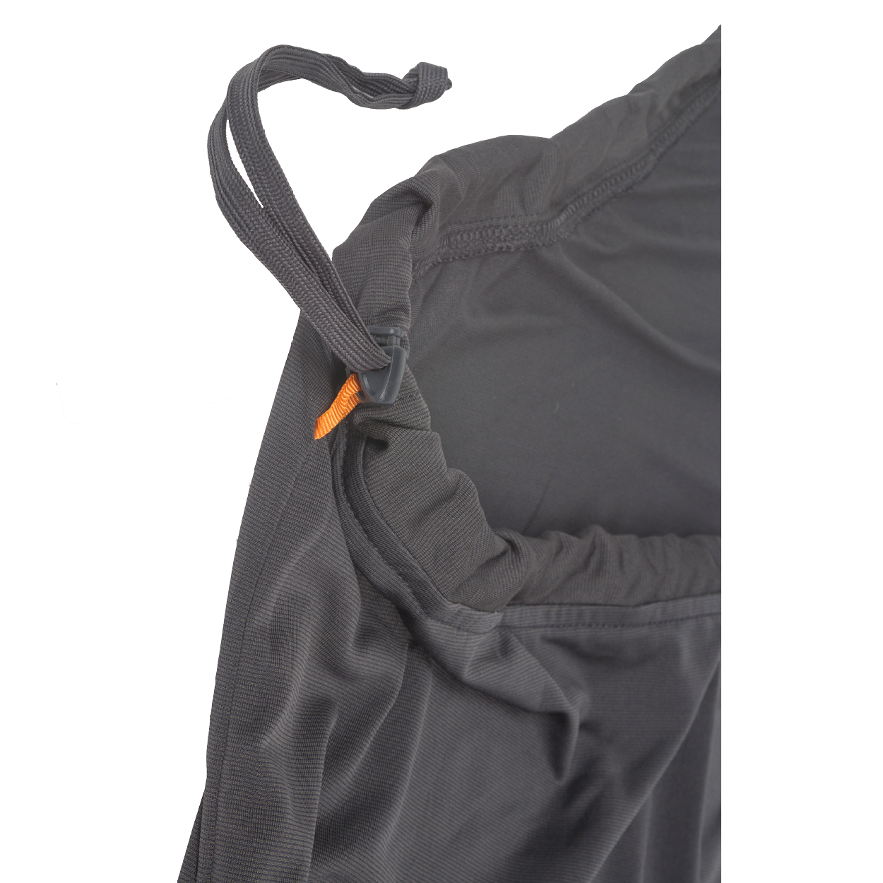 Close-up of the UL Recovery Sleeping Bag Liner by Big Agnes, featuring a dark gray fabric, elastic waistband with adjustable drawstring, small orange tag, and CELLIANT technology for enhanced comfort—ultralight like a liner.