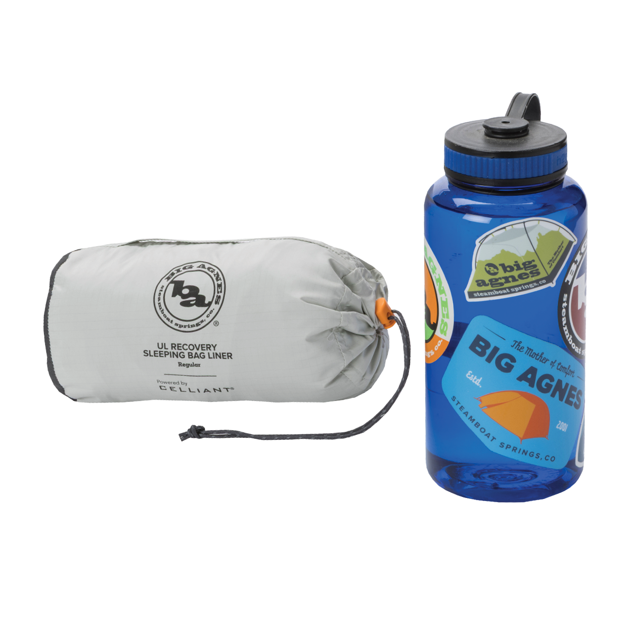 A compact gray Big Agnes UL Recovery Sleeping Bag Liner in a stuff sack sits beside a blue water bottle decorated with colorful stickers.