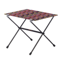 The Big Agnes Returns Woodchuck Camp Table - Alpenglow is a lightweight, foldable outdoor table featuring black metal legs and a rectangular top with a colorful abstract design, shown on a plain white background.