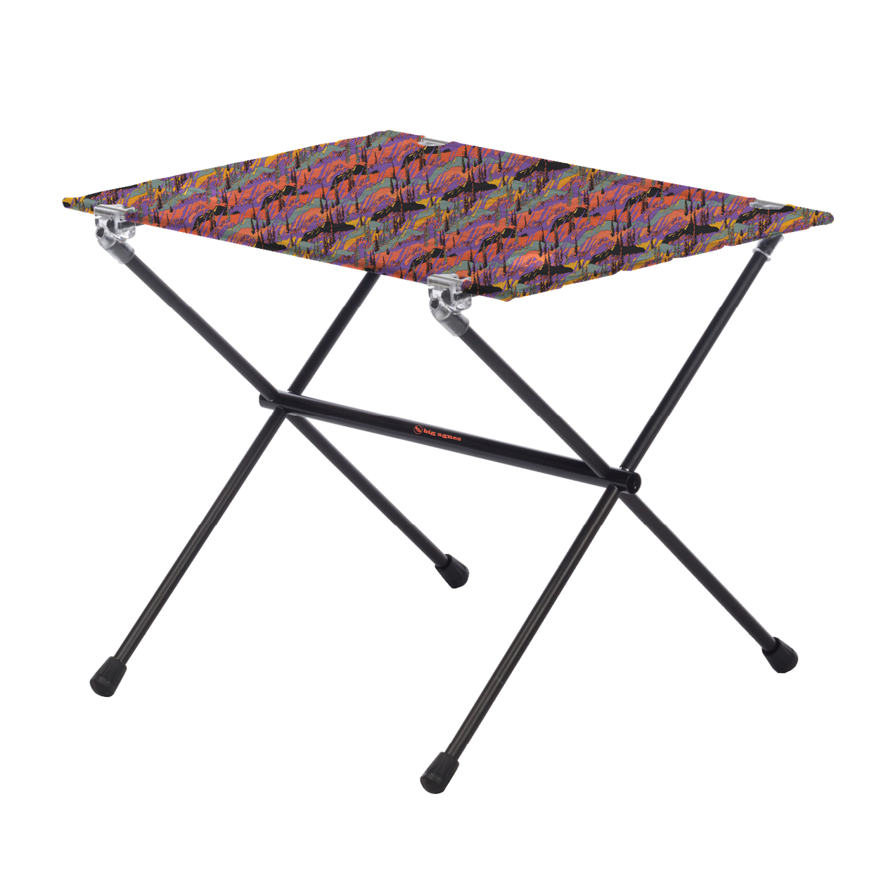 The Big Agnes Returns Woodchuck Camp Table - Alpenglow is a lightweight, foldable outdoor table featuring black metal legs and a rectangular top with a colorful abstract design, shown on a plain white background.