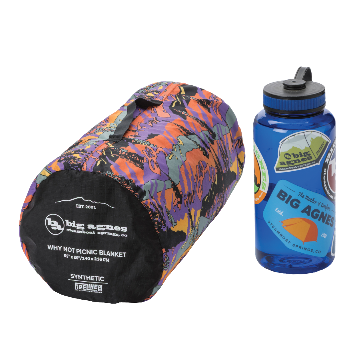 Colorful picnic blanket and blue water bottle with Big Agnes branding on a white background