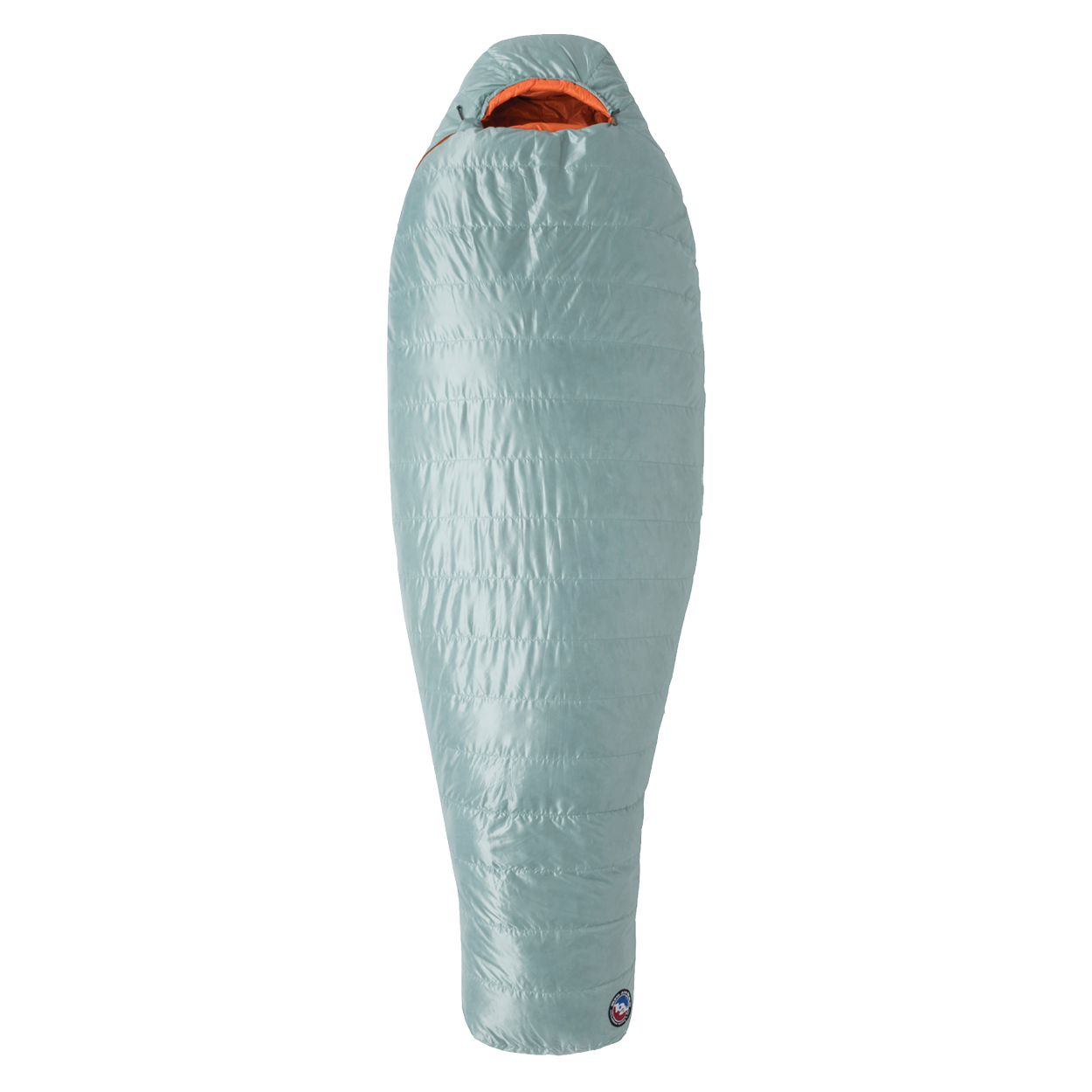 The Big Agnes Women's Greystone 30° mummy sleeping bag in light blue features an orange interior, tapered footbox, and hooded top for head coverage. It is displayed upright against a plain white background.