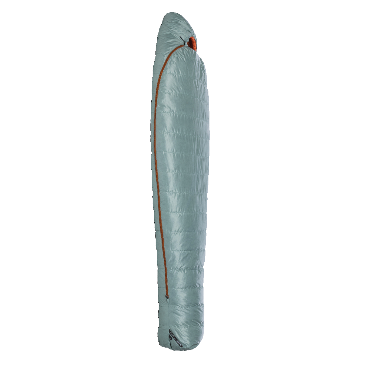 The Big Agnes Women's Greystone 30° sleeping bag, in light blue with DownTek insulation and a diagonally placed orange zipper, stands upright in a mummy-style shape against a plain white background.