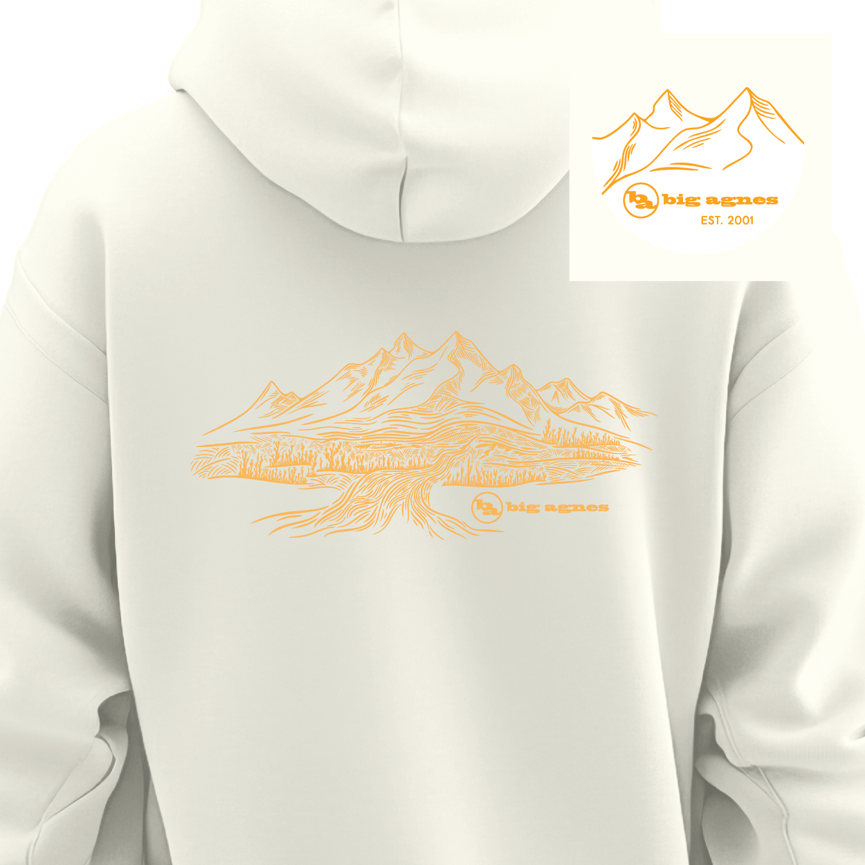 White hoodie with orange mountain graphic and 'Big Agnes Returns' logo on a white background