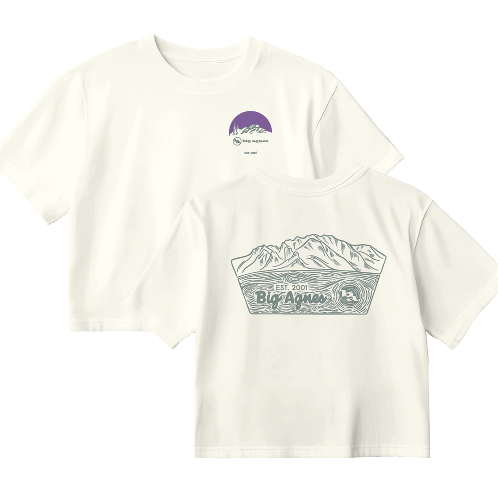 White t-shirt with mountain graphic and 'Big Agnes' branding on a white background