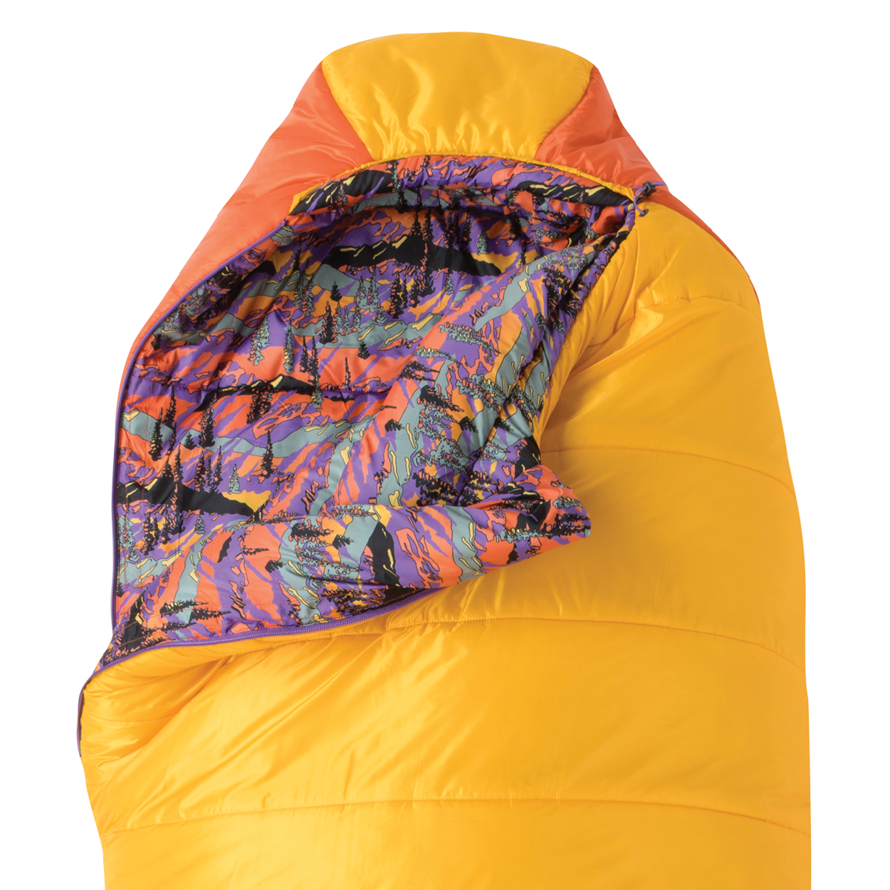 Yellow sleeping bag with colorful hood on a white background