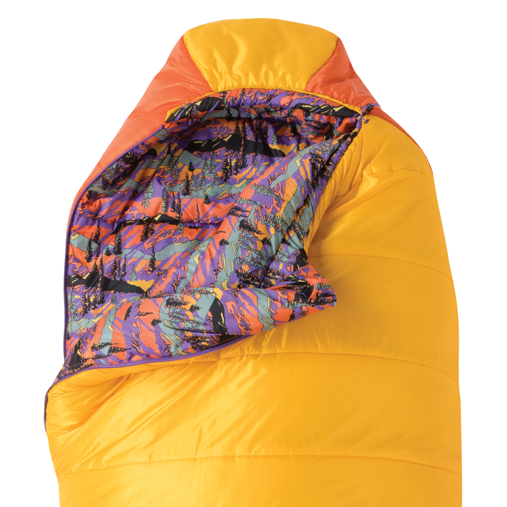 Yellow sleeping bag with colorful hood on a white background
