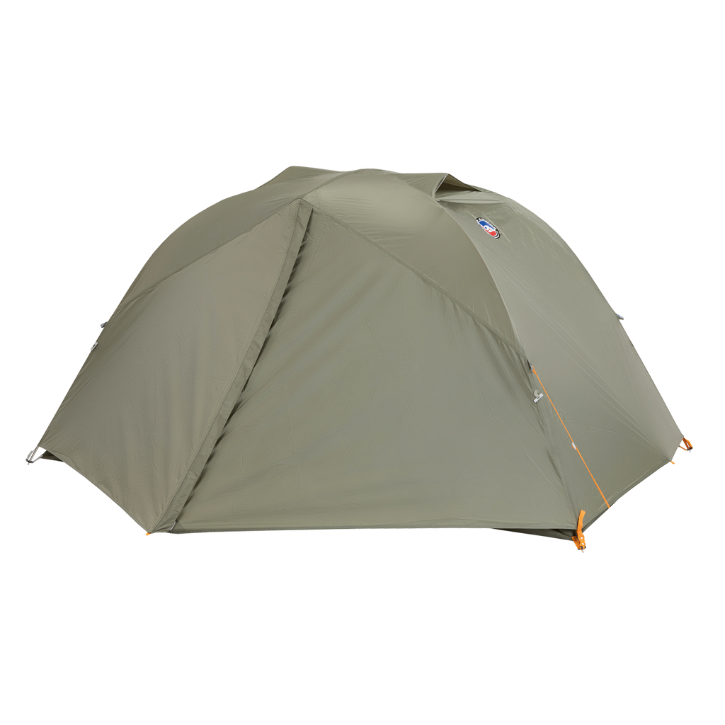 The Big Agnes Blacktail 2 - Vetiver is a durable, green dome camping tent with a fabric fly cover and orange zipper pulls—a lightweight, sleek option for backpacking—shown on a plain white background.