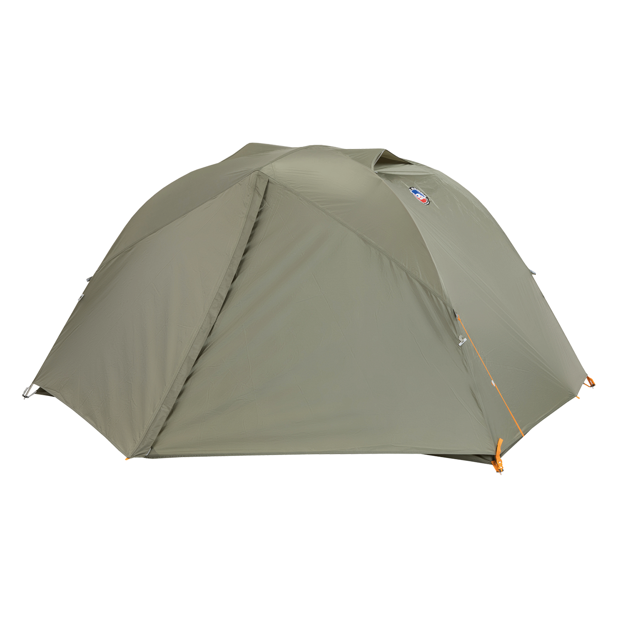 The Big Agnes Blacktail 2 - Vetiver is a durable, green dome camping tent with a fabric fly cover and orange zipper pulls—a lightweight, sleek option for backpacking—shown on a plain white background.