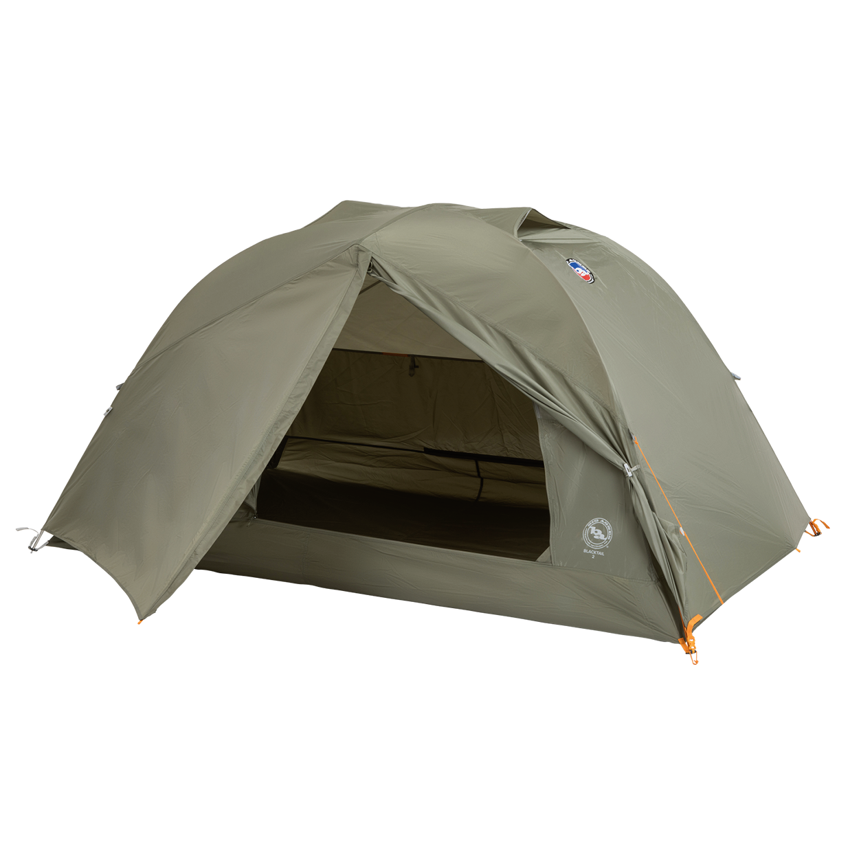 A green, dome-shaped Big Agnes Blacktail 2 - Vetiver tent is pitched with its front entrance open to reveal the interior. This lightweight backpacking tent stands on a plain white background.