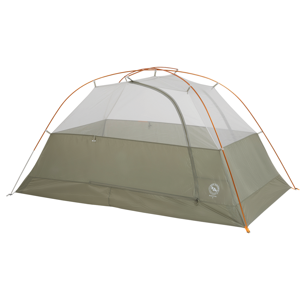 The Big Agnes Returns Blacktail 2 - Vetiver is a lightweight olive-green backpacking tent with mesh upper walls, an orange frame, and a zippered door, shown set up on a white background and designed for easy assembly.