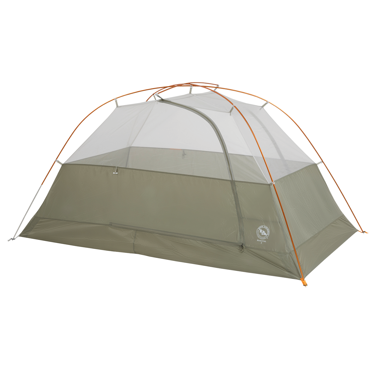 The Big Agnes Returns Blacktail 2 - Vetiver is a lightweight olive-green backpacking tent with mesh upper walls, an orange frame, and a zippered door, shown set up on a white background and designed for easy assembly.